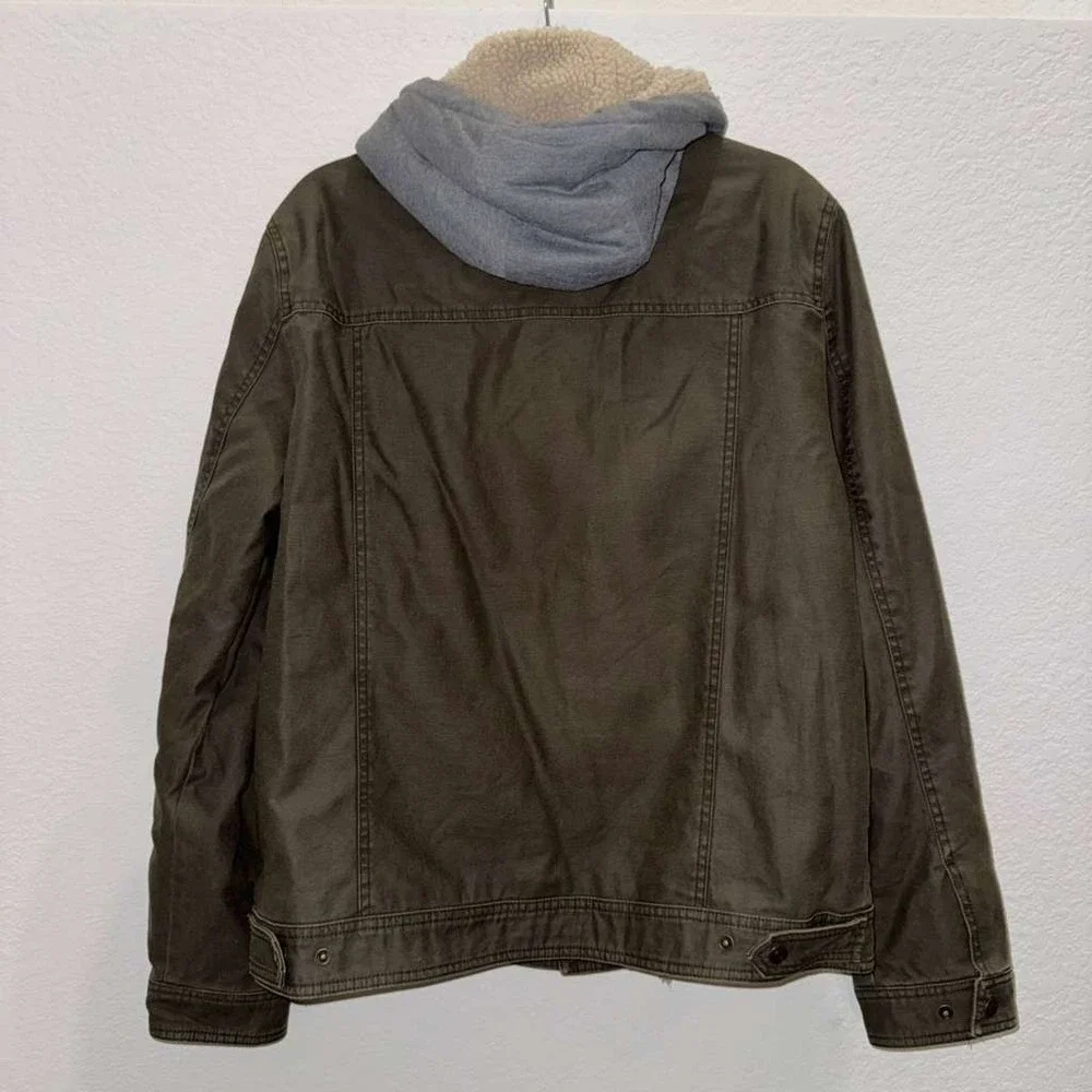 Guess Men's Size M Sherpa Lined Military Style Hooded Jacket Snap Button Olive